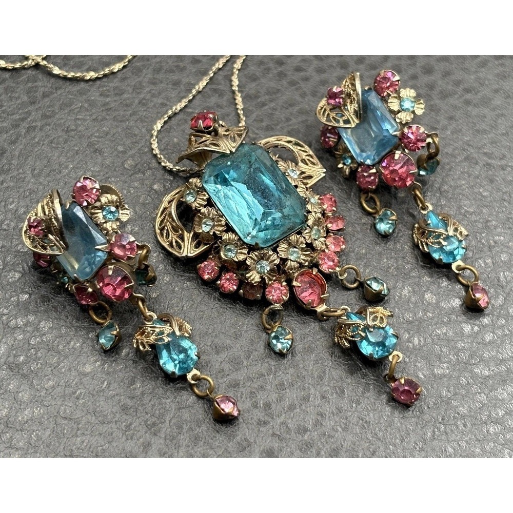 VTG Czech Style Pink Blue Rhinestone Filigree Pendant Sterling Necklace Earrings